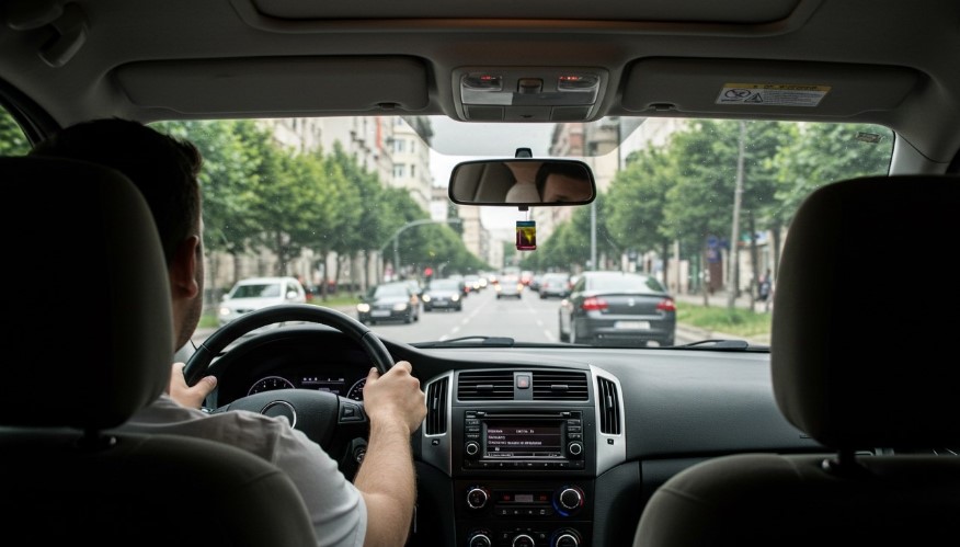 Vozač u automobilu vozi kroz gradsku gužvu
